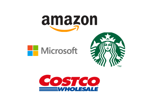 Logos for Amazon, Microsoft, Costco and Starbucks